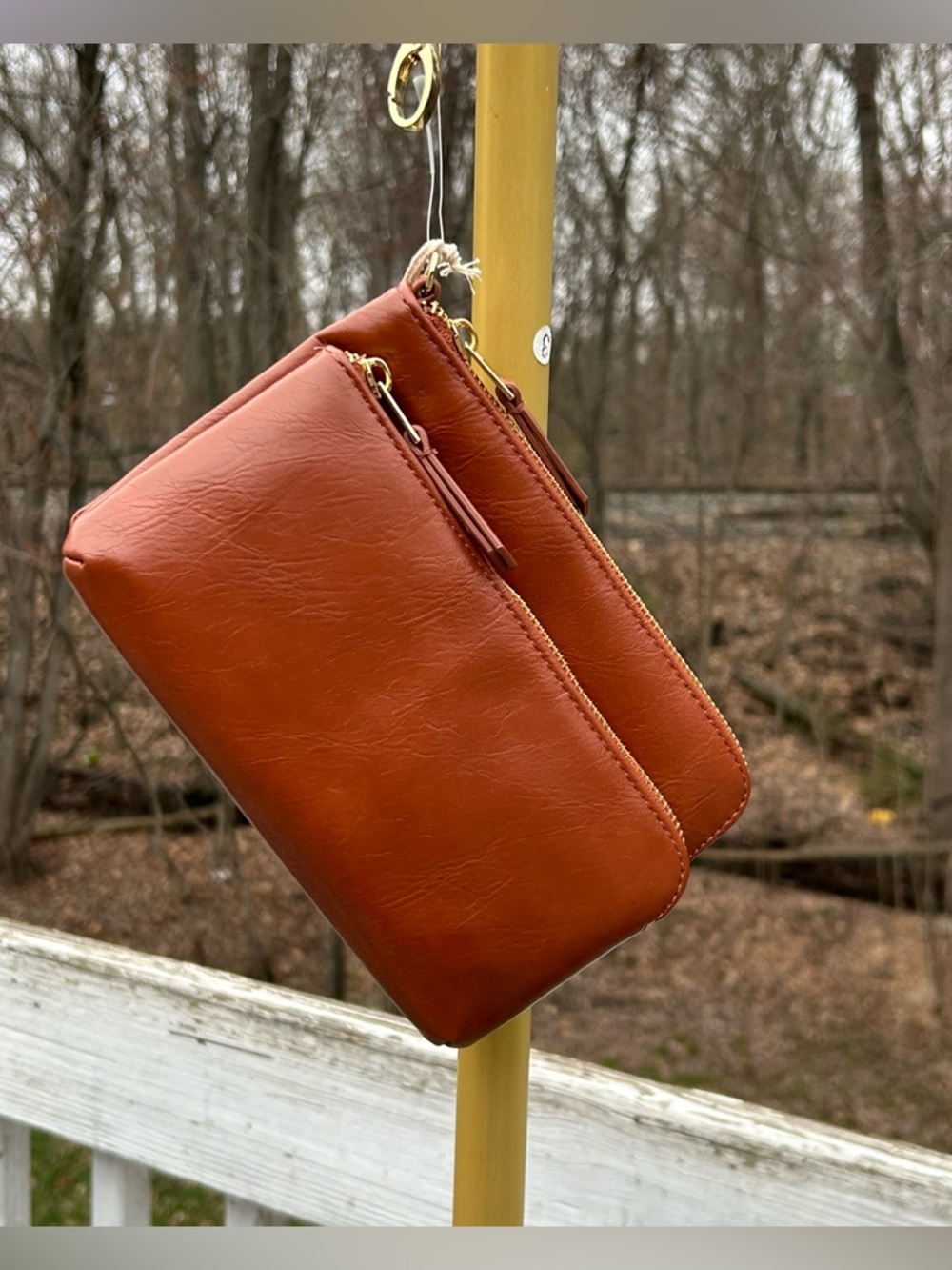Women's gold Double-Zip wallets Wristlet Clutch in faux leather Brown new